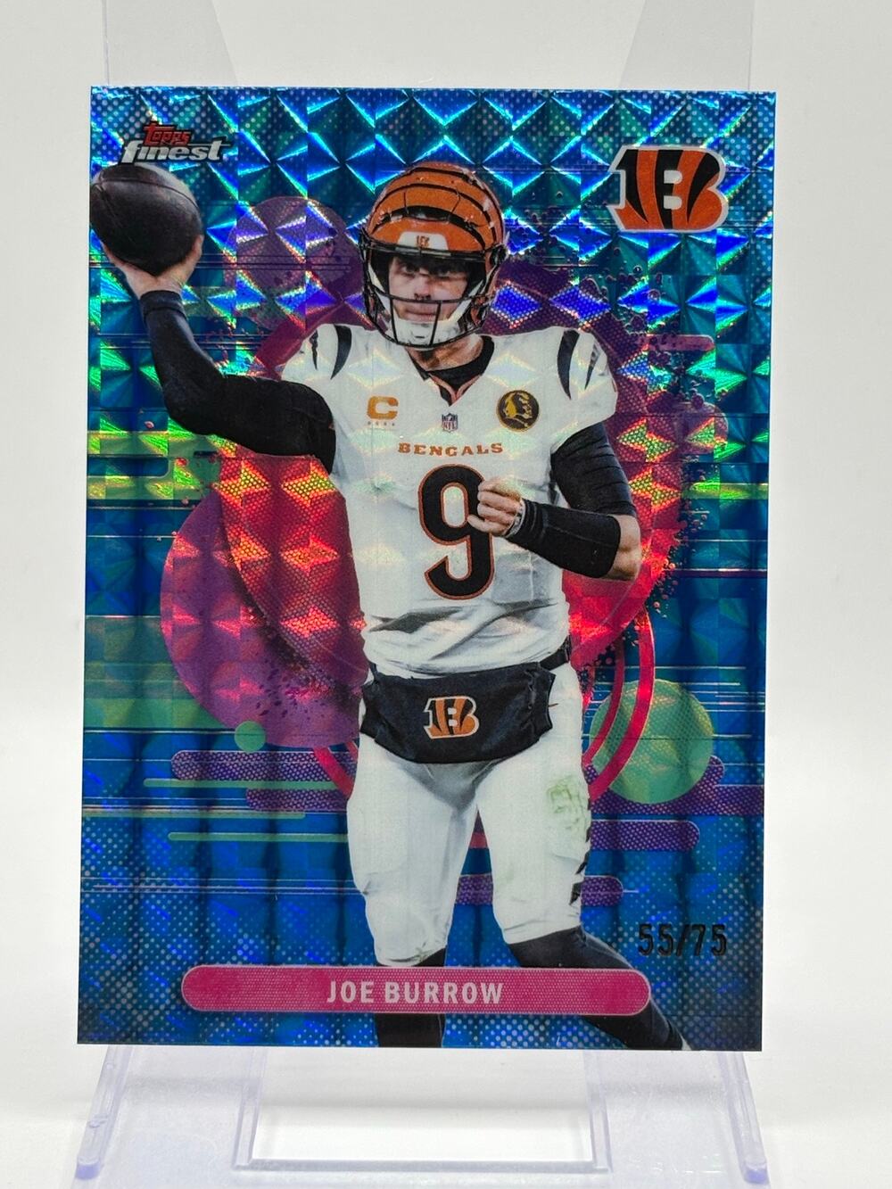 2025 Topps Finest Joe Burrow Uncommon Blue Geometric Refractor 55/75 SP Bengals